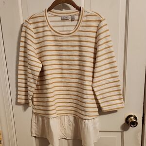 LOGO by Lori Goldstein Striped Yellow and White 3/4 Sleeve Top w/ Bottom Ruffle